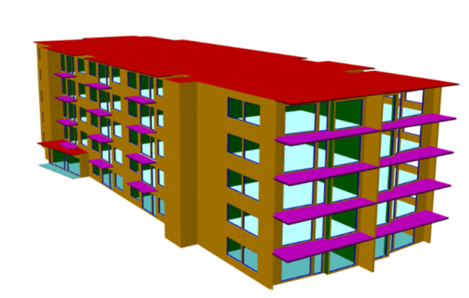 A computer-generated image of a five-story building facade