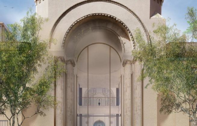 An image of the front of the Congregation Emanu-El building